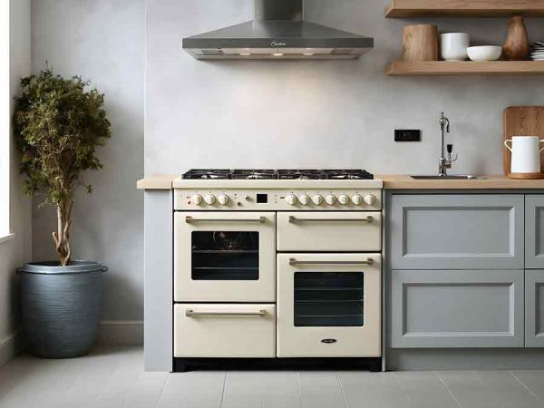 a cream range cooker in a kitchen , there is a plant to the left and the kitchen cabineys are painted grey